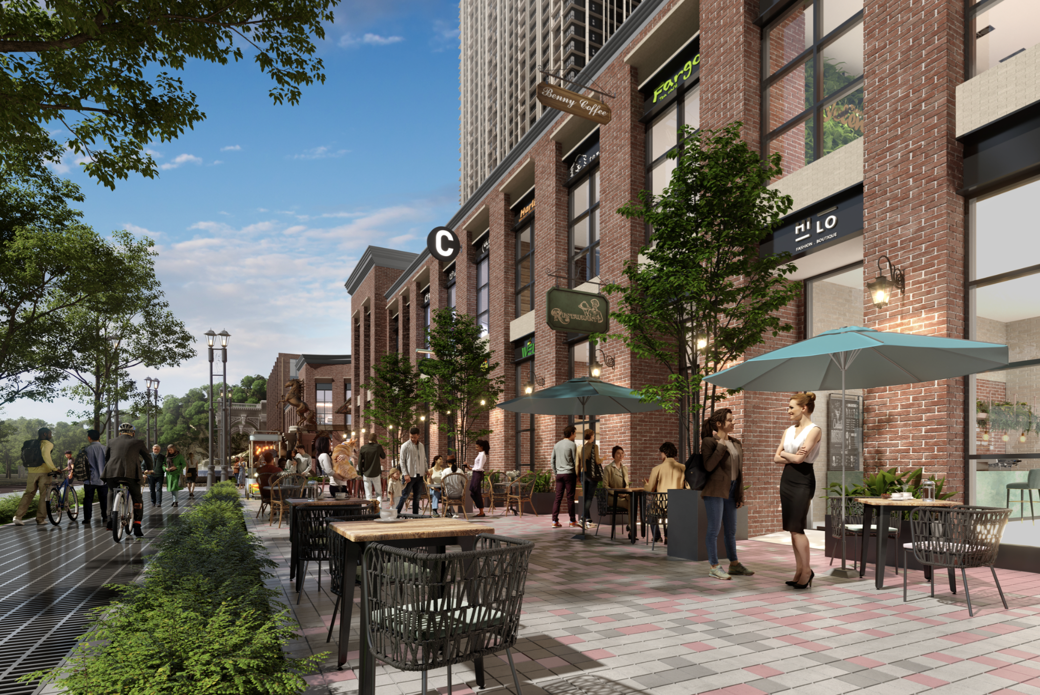 Red-brick retail streetscape at Central Park Damansara